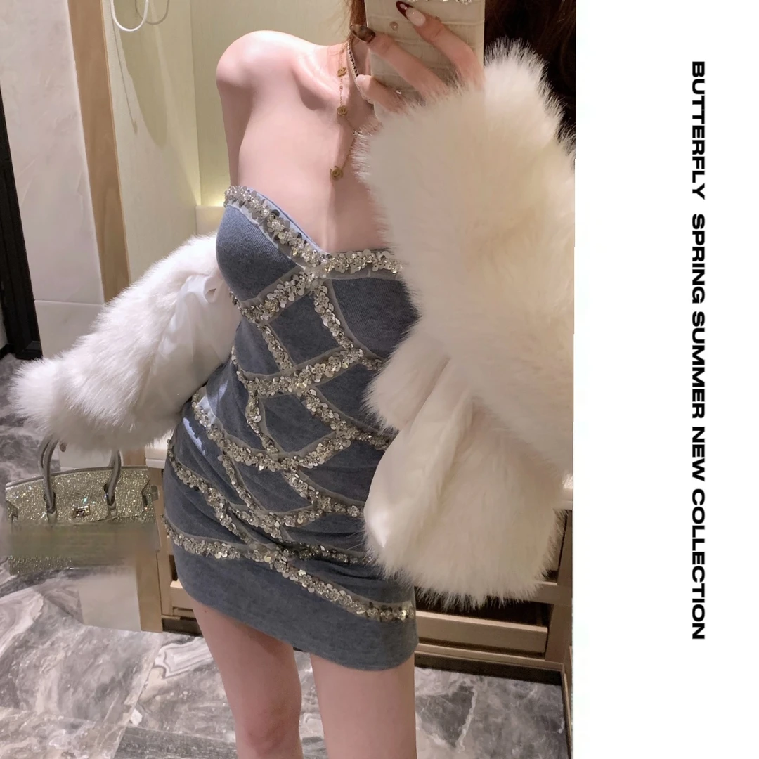 Fancycharm人鱼妖姬重工亮片拼接抹胸连衣裙