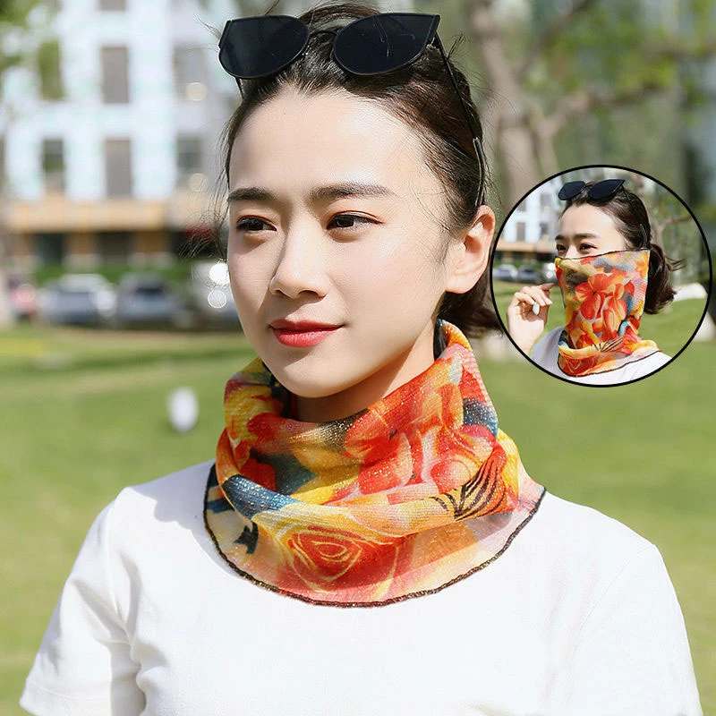 百变套头护颈围脖夏季薄款小丝巾女挂耳防晒面纱百搭口罩两用围巾