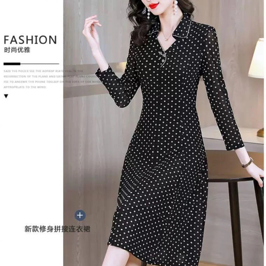 H397新款连衣裙早春新款中长款显瘦长袖连衣裙阔太太时髦女装