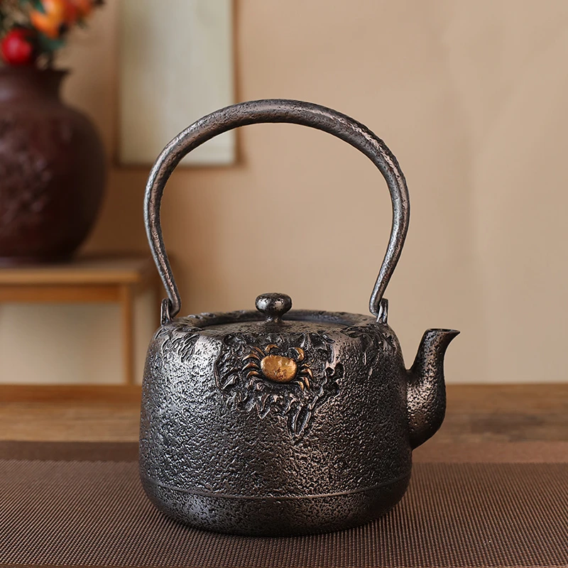 关西铁瓶砂铁壶原装铁壶纯手工烧水泡茶壶岩蟹鎏金砂铁壶