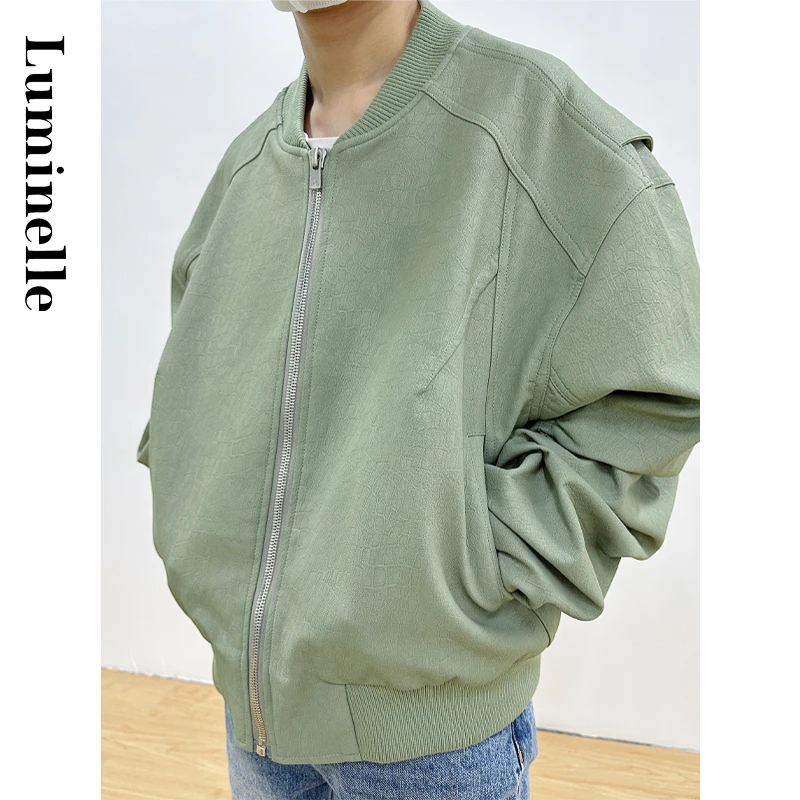 树纹结构设计感boxy短宽版型PU飞行棒球夹克皮衣外套男