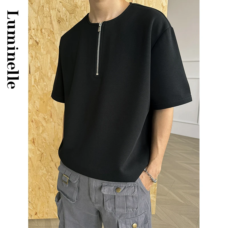 luminelle拉链空气层短袖夏季老钱风休闲百搭短宽boxy亨利领T恤