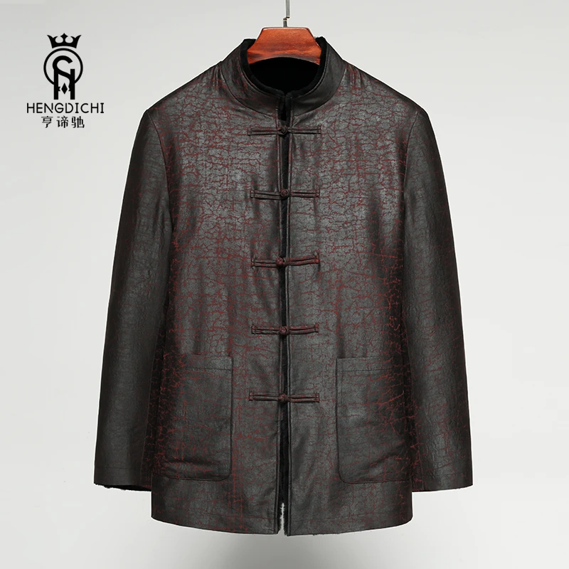 香云纱桑蚕丝国风唐装男冬季盘扣立领高档羊羔绒保暖皮袄上衣外套