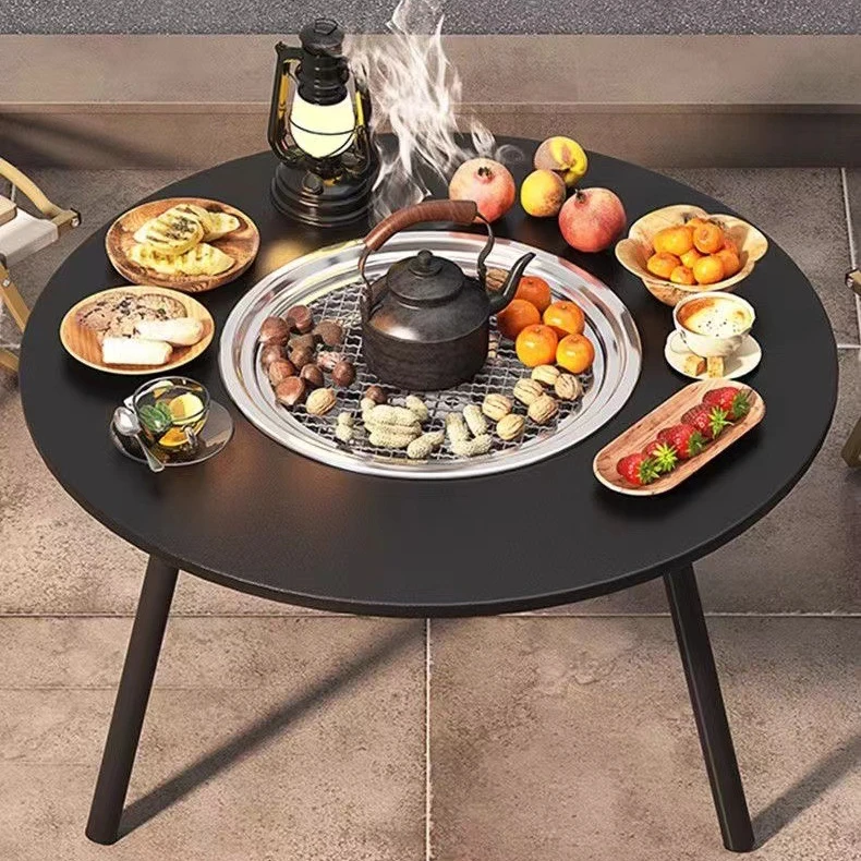 围炉煮茶折叠便携烧烤桌套装户外取暖炉庭院韩式烧烤架烤肉桌家用