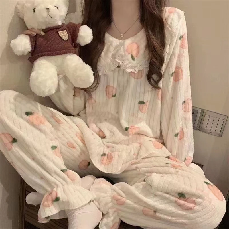 新款秋冬睡衣女蕾丝加绒加厚水蜜桃甜美少女心保暖家居服套装外穿