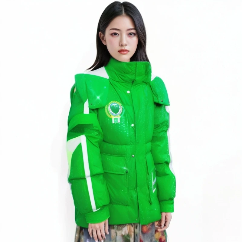 080方奢家鹅绒服短款羽绒服时尚绿色女士连帽中长款