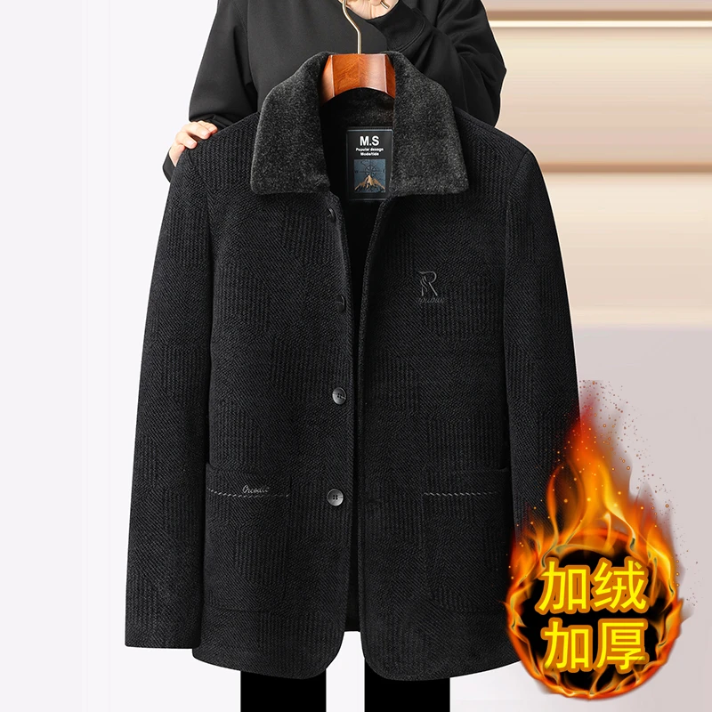 秋冬季雪尼尔保暖外套中老年男士爸爸装加绒加厚男装休闲棉衣棉服