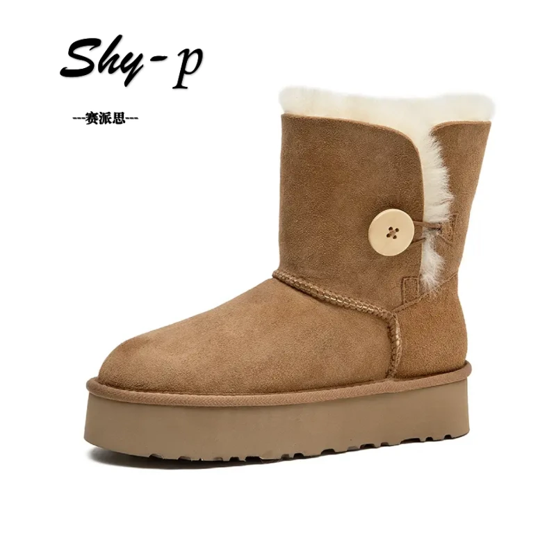 桑坡羊皮毛一体一粒木扣的厚底中筒雪地靴休闲女经典冬季保暖穿搭