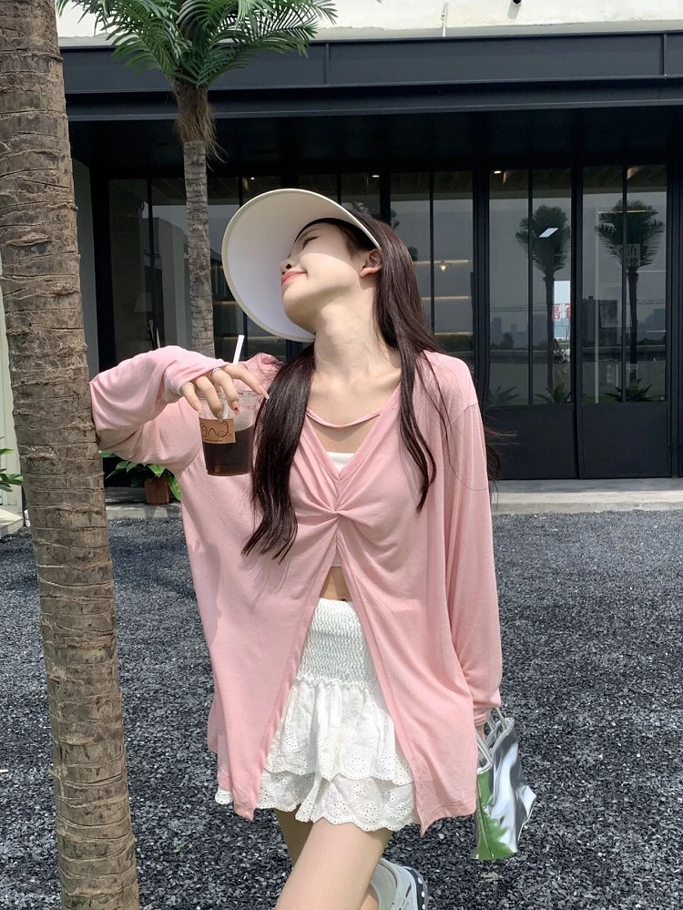 两穿扭结设计感小众长袖粉色防晒罩衫T恤女夏季薄款宽松开叉上衣