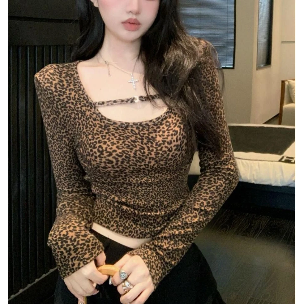 港式半高领豹纹长袖T恤女秋冬辣妹短款垫肩上衣显身材加绒打底衫