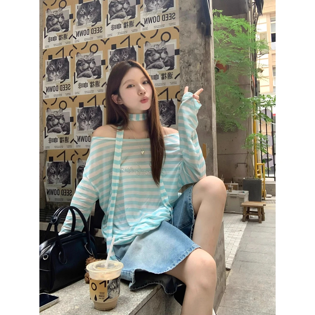条纹露肩薄荷曼波长袖T恤宽松挂脖防晒百搭条纹t恤女上衣慵懒风