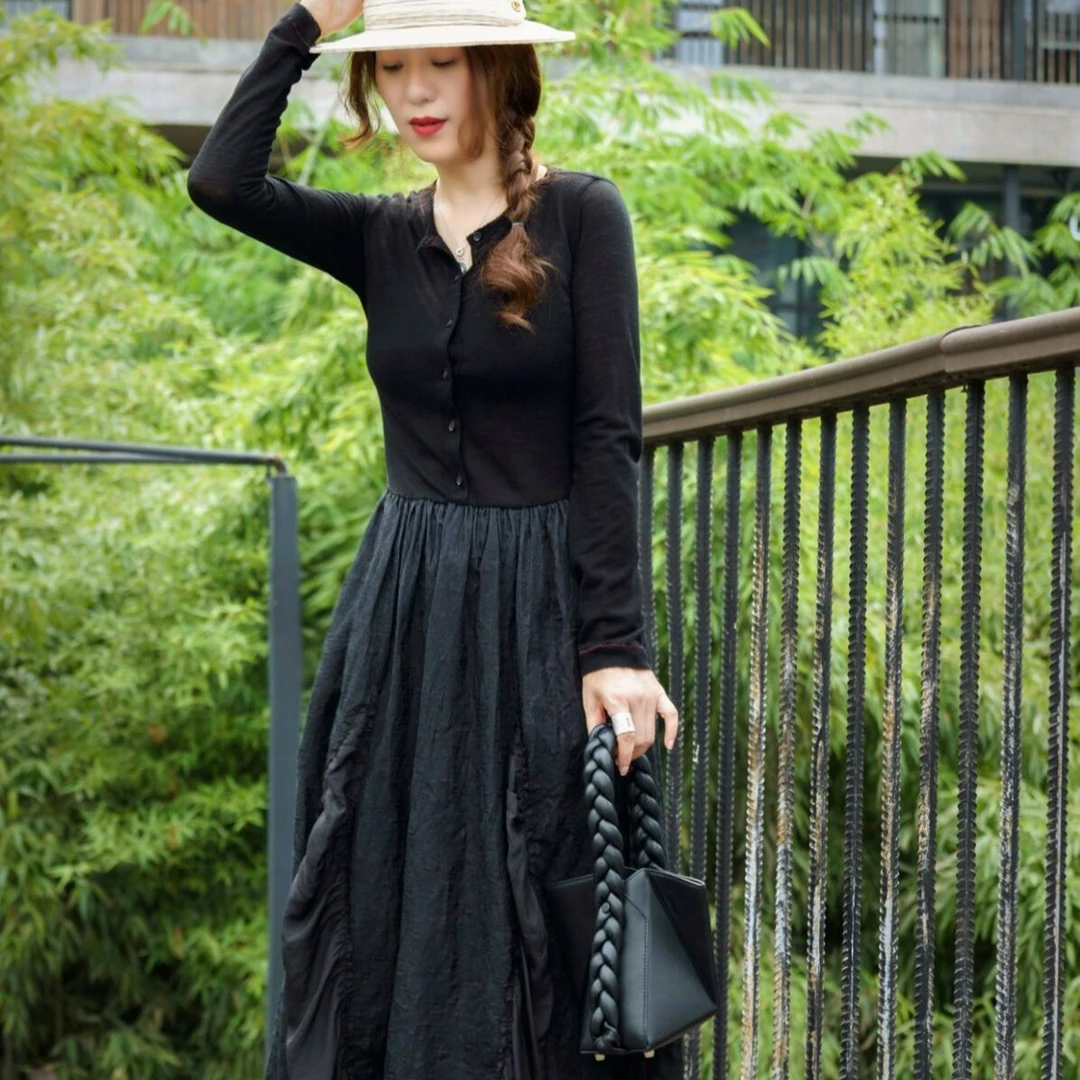 Li Wang/里望2024设计师新品 大摆电力纺高腰显瘦高级感连衣裙