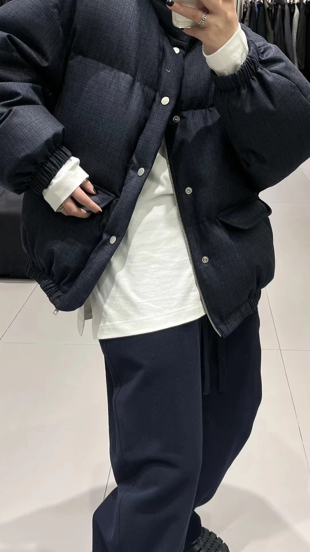 2024设计师款 意大利进口精纺羊毛经典细格纹 单排扣加厚鹅绒服