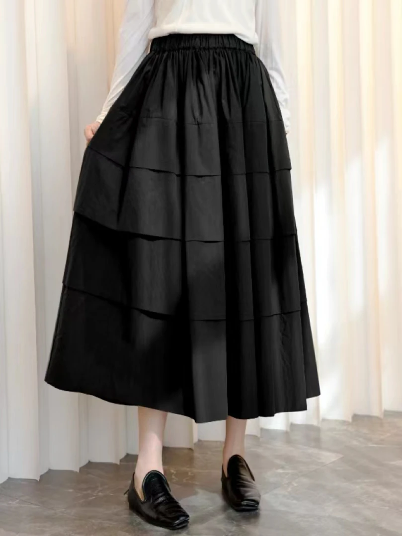 Li Wang/里望2024设计师款高支绒感棉 三层褶皱立体飘逸百搭半裙