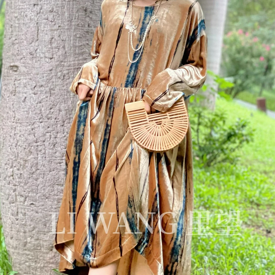 Li Wang/里望2024设计师款  重磅丝绒 条纹优雅中长裙