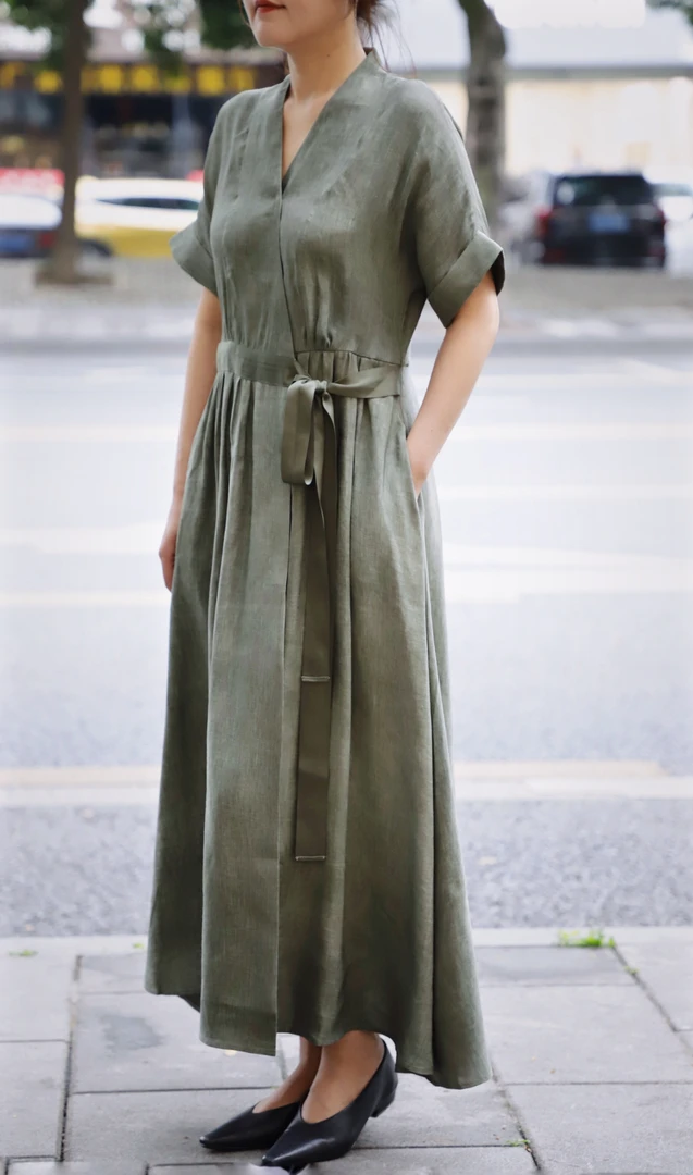 Li Wang/里望设计师款  春夏高级气质丝麻特色打褶连衣裙