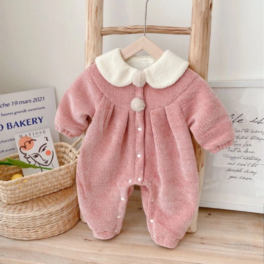 韩版婴儿秋冬连体衣女宝宝百天周岁外套加绒加厚保暖哈衣外出爬服