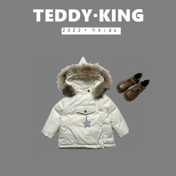 【Teddy King】2023冬儿童真毛领斜拉链尖尖帽加绒羽绒服 TXB22726