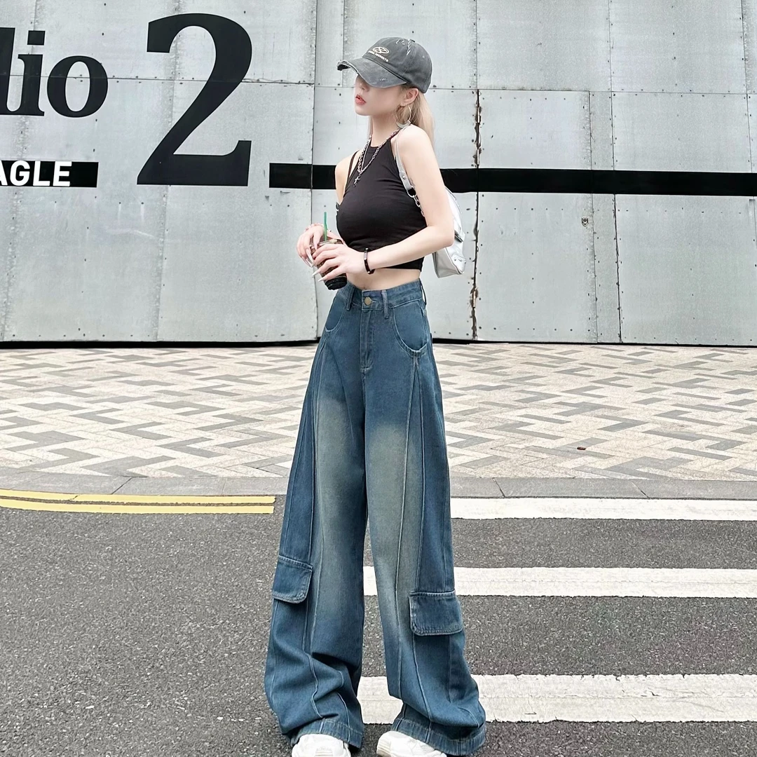 显瘦高腰夏季工装复古宽松设计感百搭小众垂感牛仔裤直筒#816