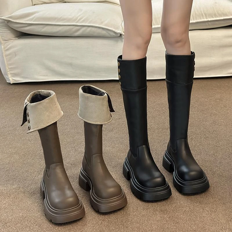 厚底骑士长筒靴女2023秋冬新款小个子增高中筒美式复古长靴瘦瘦靴