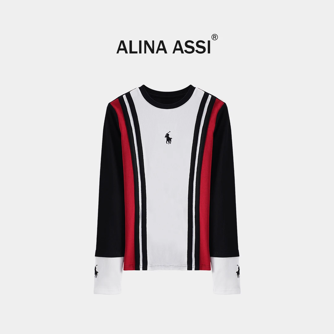 设计感小众拼色上衣纯棉长袖t恤女秋冬内搭拼接洋气打底衫YMD242