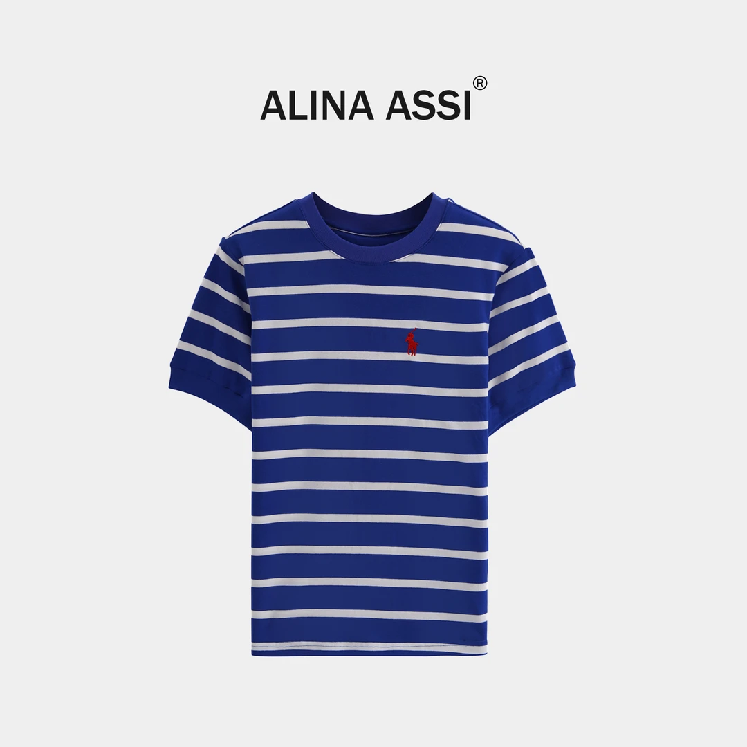 【楠楠】新款高端时尚潮牌女装上衣纯棉圆领蓝色条纹短袖t恤AM329