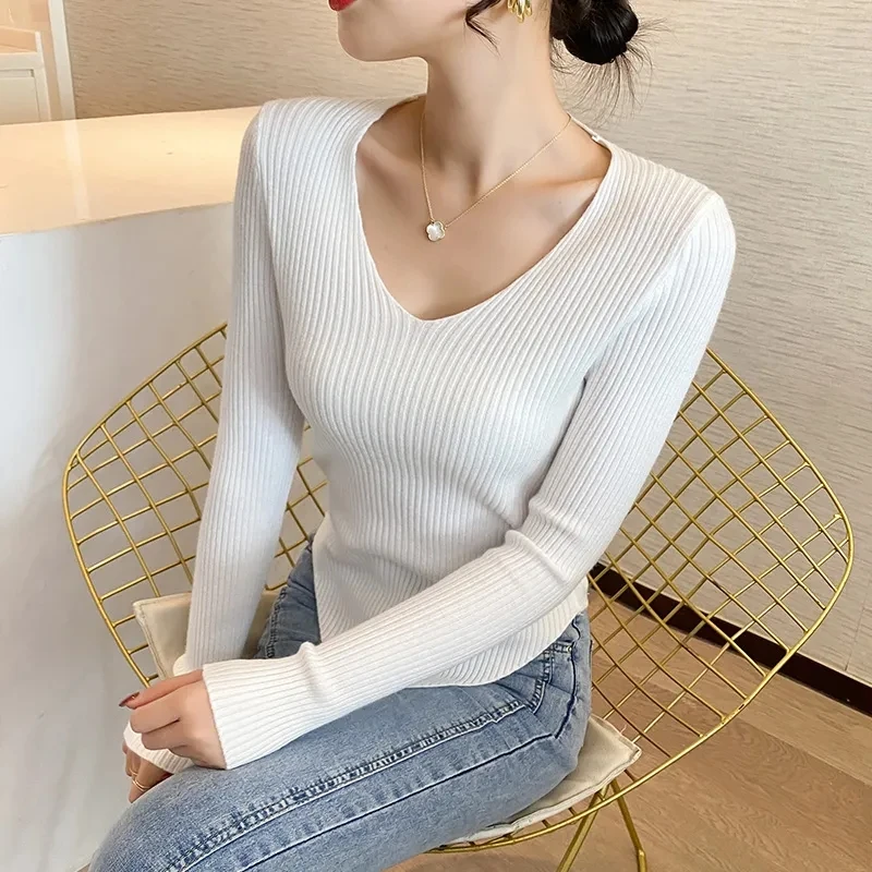 丁雅新款洋气针织衫上衣女秋冬时尚V领百搭长袖内搭纯色显瘦打底
