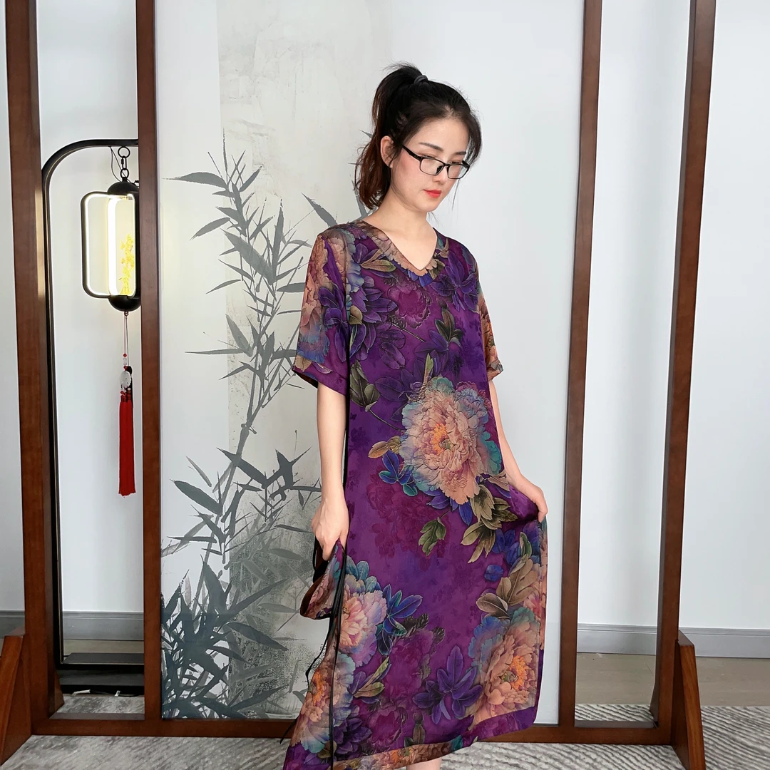 高端复古宽松盘扣显瘦长裙连衣裙短袖气质国风妈妈重磅款（紫黛）