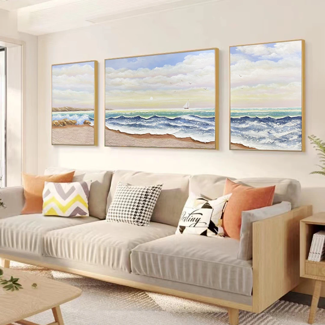 SF 210 纯手绘海景立体油画客厅背景墙挂画铝合金