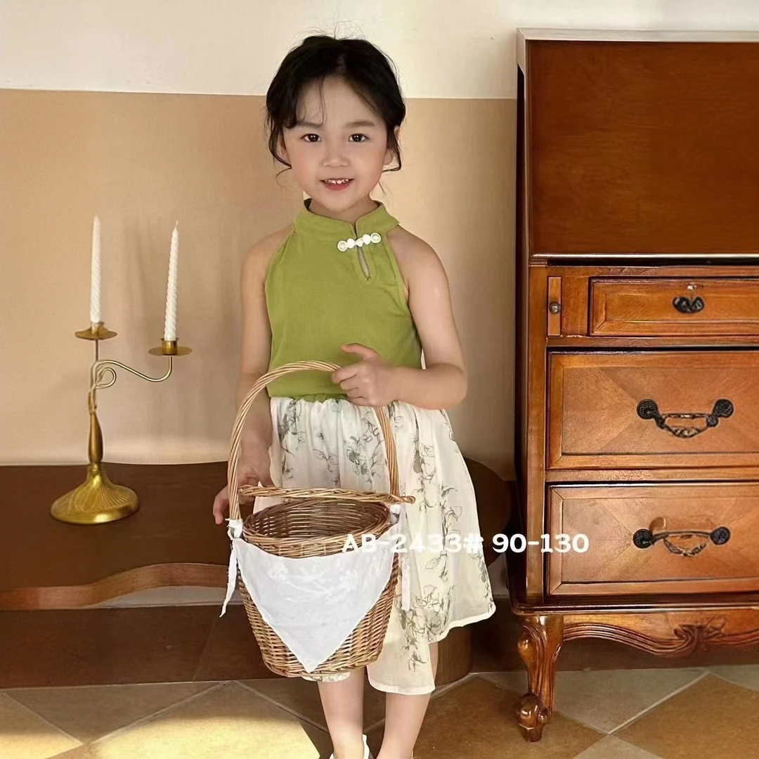 女童碎花半身裙套装2024夏季新款女孩中式无袖背心两件套薄款夏装