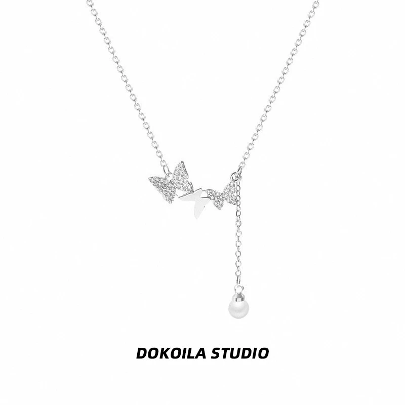 钛钢项链 DOKOILA 流苏蝴蝶锆石仿珍珠项链女简约ins轻奢锁骨链
