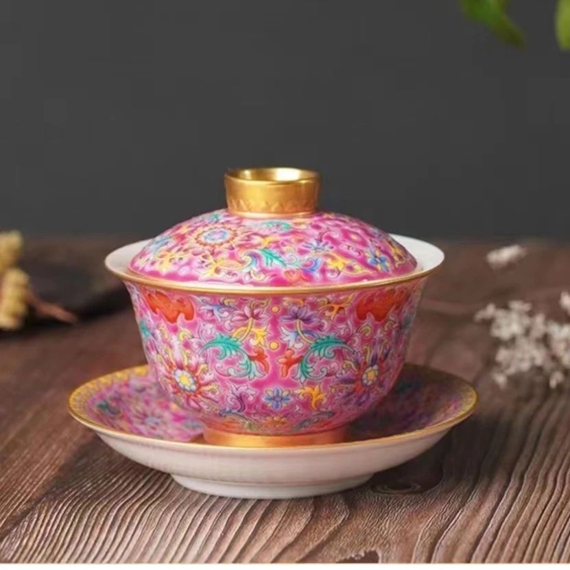 景德镇珐琅彩瓷器重工满花回字纹高端礼品套装手工三才茶盖碗茶具