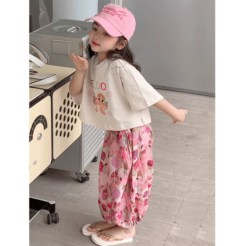 韩国女童短袖套装2023夏装儿童宝宝夏季卡通洋气衣服女孩两件套潮
