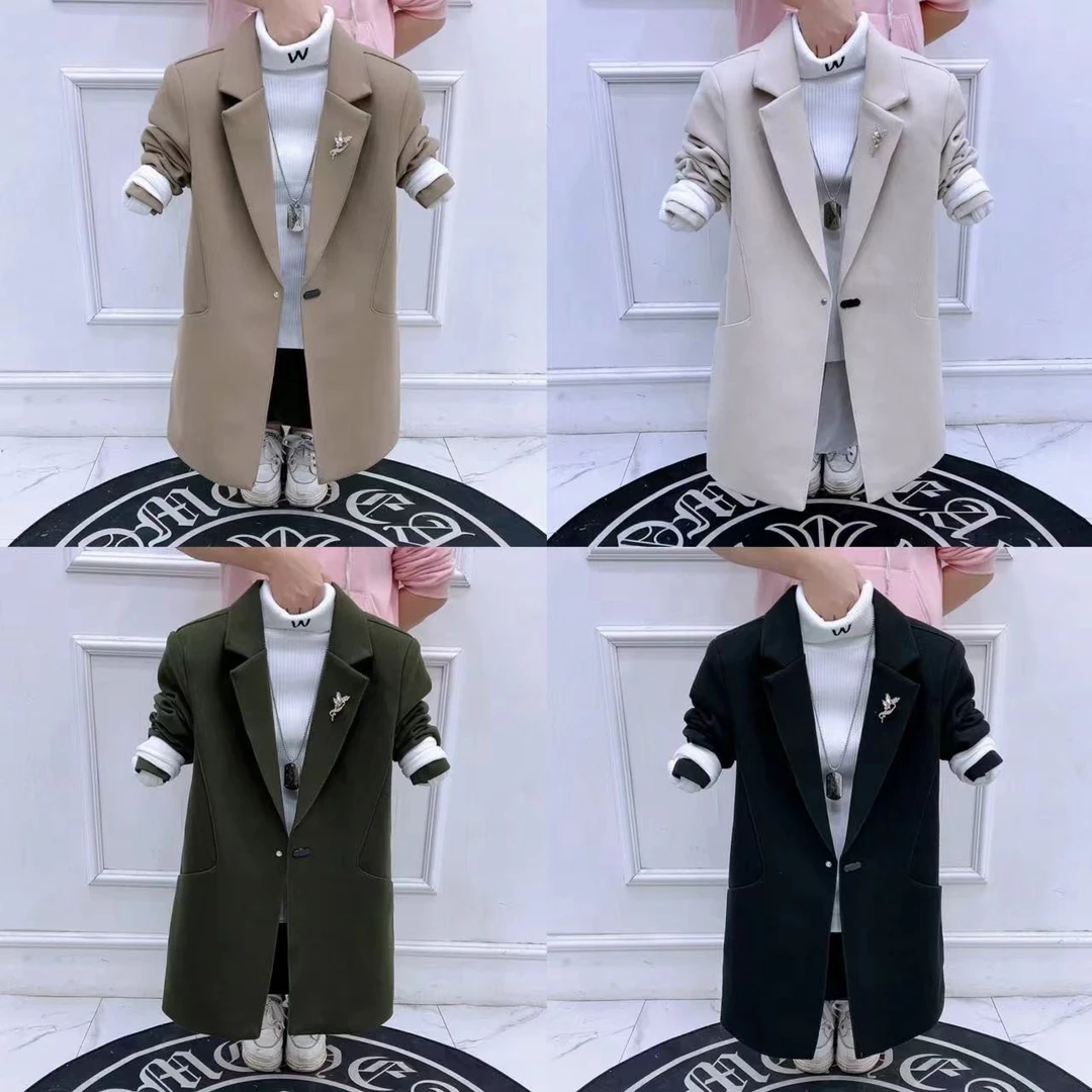 纯色中长款一粒扣散口袖毛呢大衣春夏百搭网红宽松休闲潮流