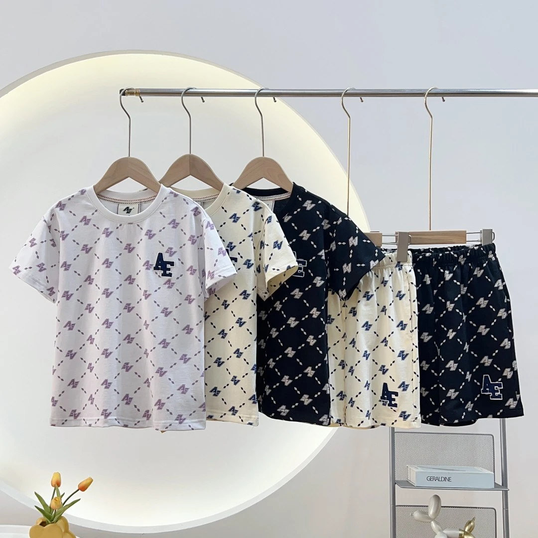 23011儿童夏季套装短袖T恤短裤满印薄款透气夏装童套装字母印花