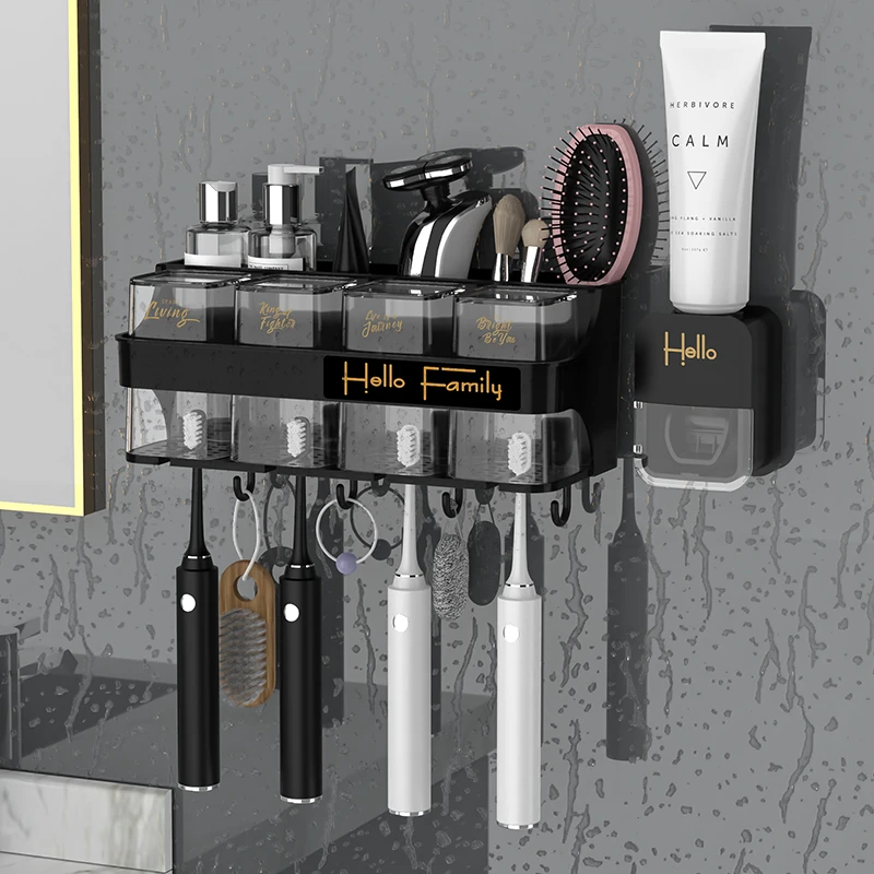 Ais牙刷置物架免打孔漱口杯自动挤牙膏家用多功能壁挂式置物架