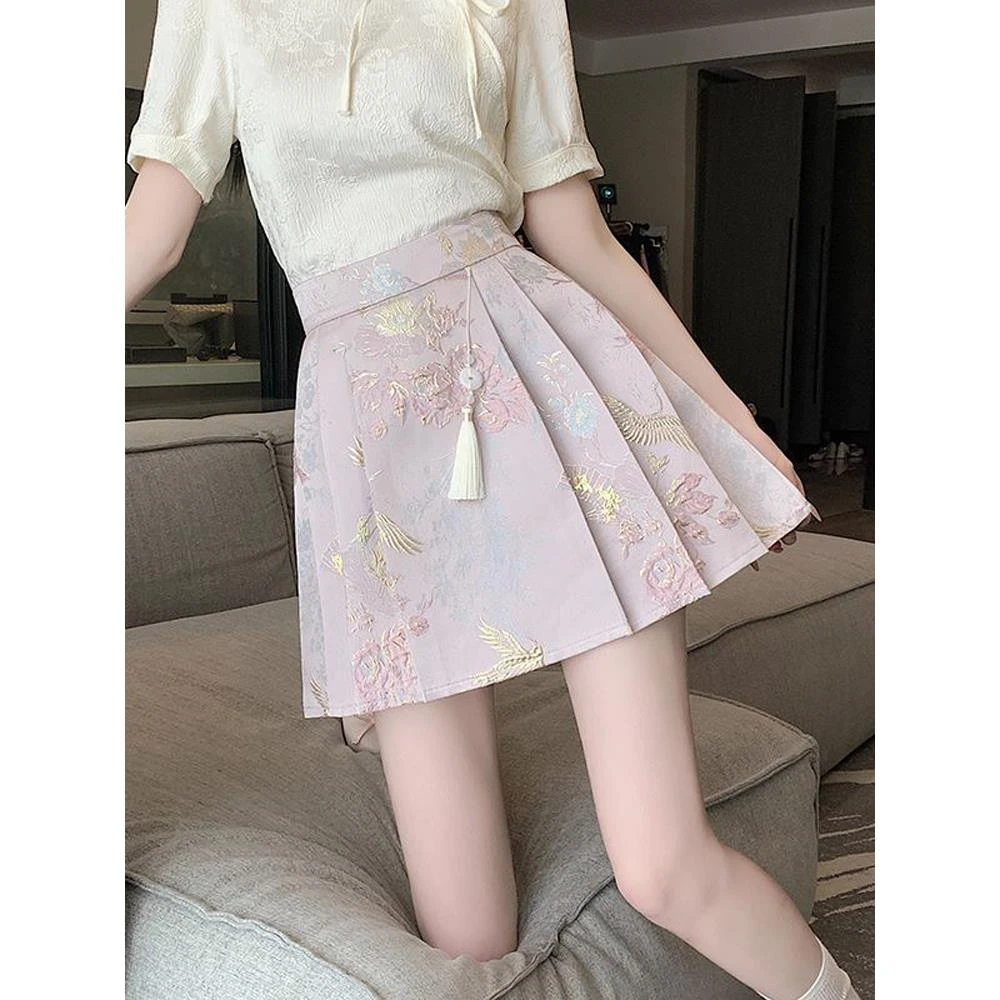 新中式轻国风粉色提花刺绣改良马面短裙女夏季新款a字百褶半身裙