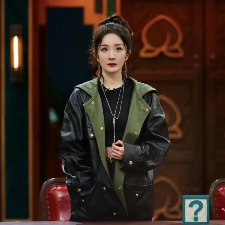 杨幂同款皮衣2024秋季新款绵羊皮真皮女中长款连帽宽松外套潮百搭