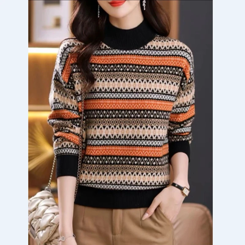 大码女士毛衣秋冬2023新款冬季上衣妈妈长袖条纹半高领针织打底衫
