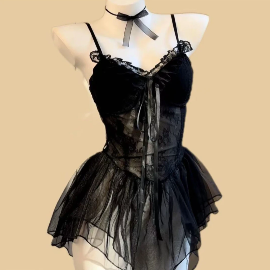 手作黑天鹅【80-160】黑色性感钢圈胸垫显瘦成人睡裙会战袍制服吊带