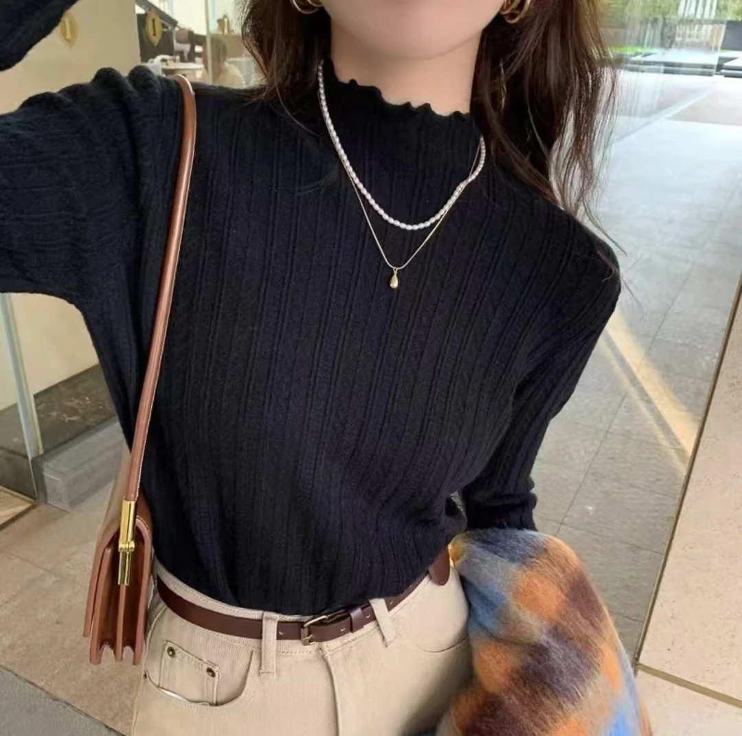 【晴姐】M1456 木耳边麦穗提花长袖立领打底