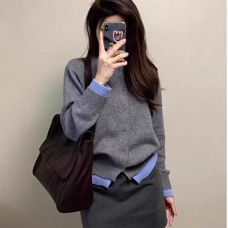 【晴姐】M1703 灰色假两件慵懒风长袖毛衣