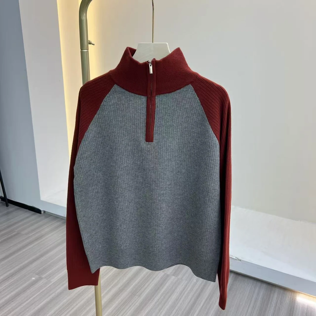 【晴姐】M1440 欧货插肩袖拼色半开立领细羊毛针织衫