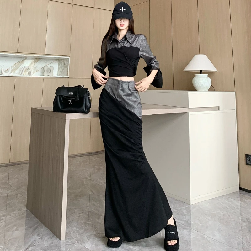 高级感时髦鱼尾半身裙套装女春秋2024新款绑带衬衫领上衣两件套潮