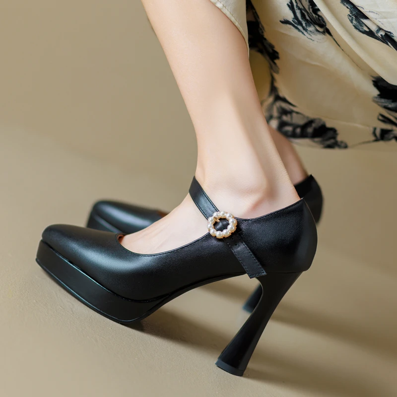 旗袍走秀真皮防水台高跟鞋女粗跟尖头黑色工作职业单鞋扣带玛丽珍