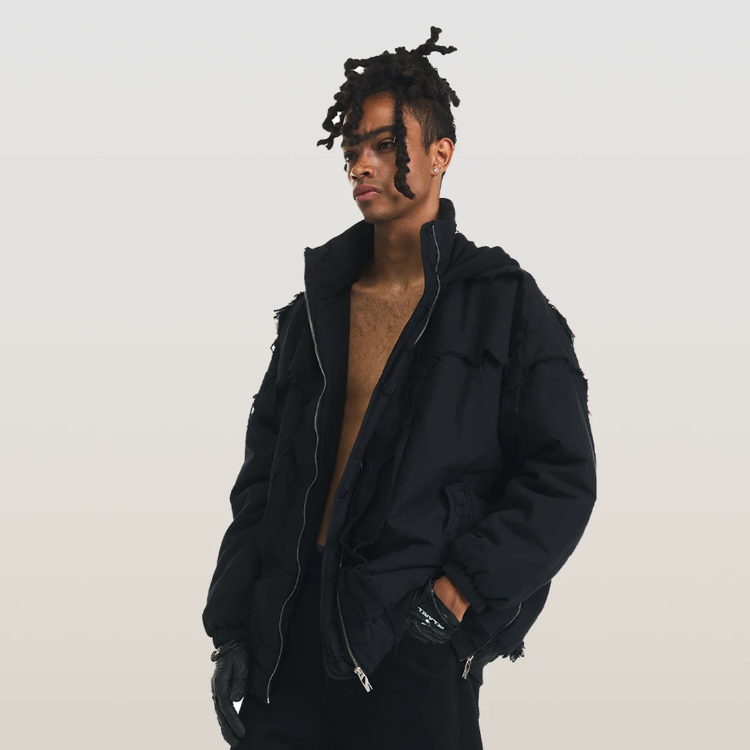 RELABEL 多层次重工水洗糜烂大破坏撞色连帽宽松版型夹克棉服时尚