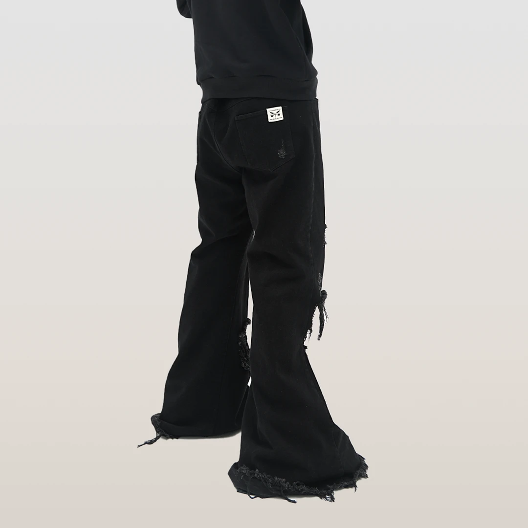 RELABEL 秋冬新款外层可踩破洞水洗毛边破坏双层喇叭修身牛仔裤