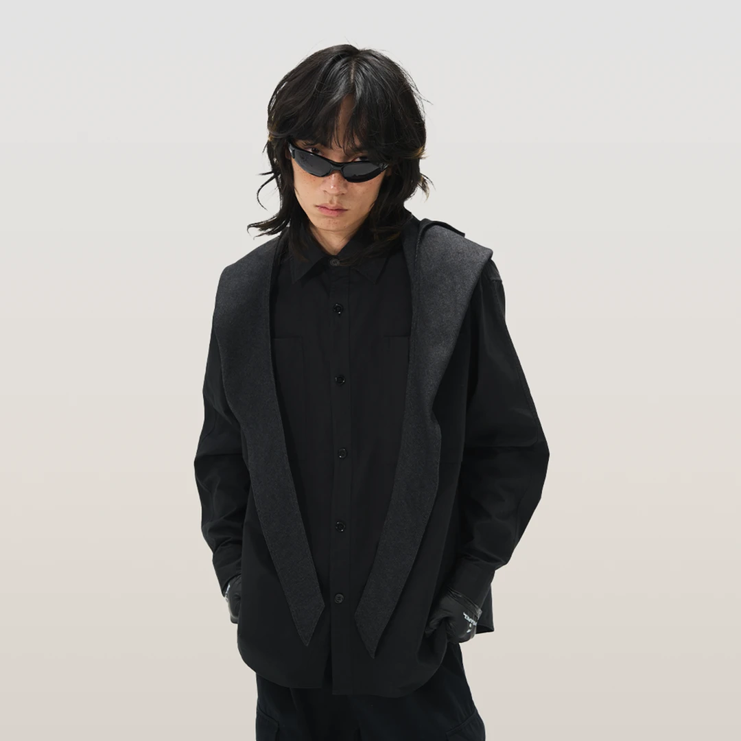 RELABEL 秋冬新款男女宽松廓形领巾牛仔拼接水洗连帽口袋工装衬衣