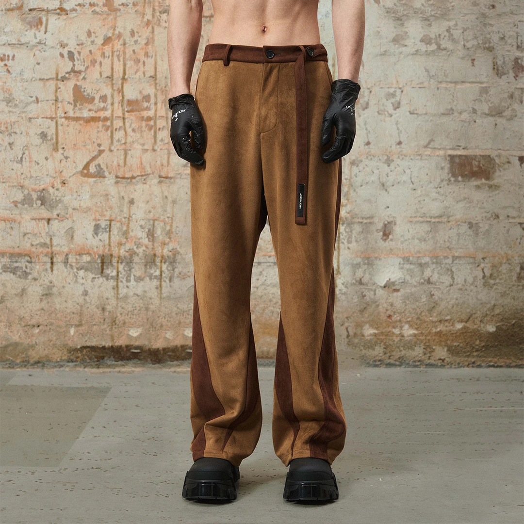 RELABEL 24SS "复古泥沙"麂皮绒拼色人体线性解构直筒休闲裤