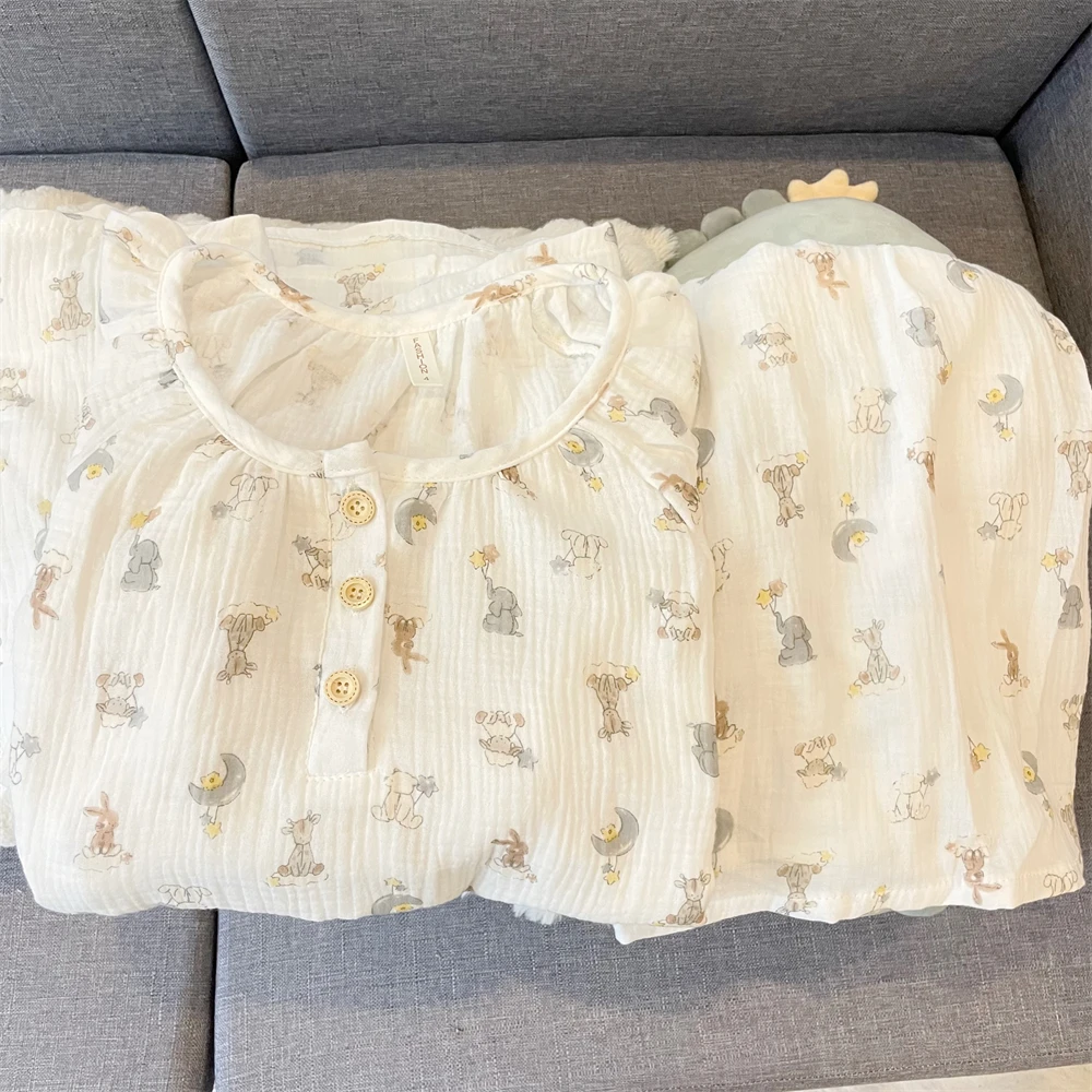 100%双层纯棉纱布睡衣女夏季新款短袖日系可爱卡通少女夏天家居服